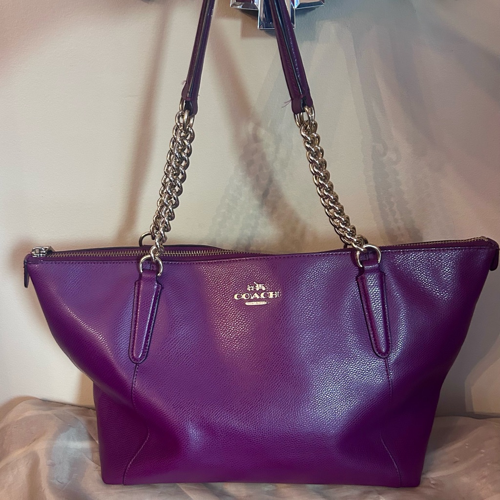 Coach Plum Leather Tote With Chain Handles